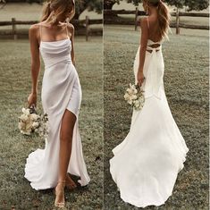 two pictures of a woman in a white wedding dress and one is holding a bouquet