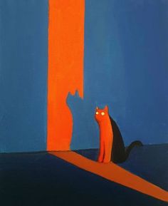 an orange cat sitting on top of a blue and red wall next to a black cat