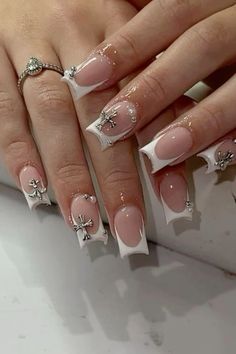 Cross Nail Charm Nails, French With Cross Nails, White French Tip With Cross Charm, Nail Inspo Cross Charm, Short Acrylic Nails Cross, French Tips With Charms Short, French Tip Nails With Cross Charm, French Nails With Cross Charm, Letter Charms On Nails