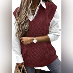 Risesun Women's Cable Knit Oversized Cropped Argyle Sweater Vest V-Neck Preppy Pullover Knitwear Tops Large Burgundy New With Tag Loose Pullover Sweater, Winter Knit Sweater, Sleeveless Sweater Vest, Elegant Sweater, Winter Vest, Trendy Winter, Sweater Vest Women, Loose Pullover, Estilo Chic