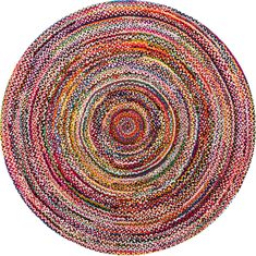 a round rug made out of multicolored yarns on a white background with the center