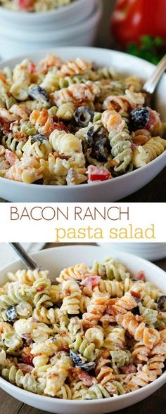 two bowls filled with pasta salad on top of a wooden table