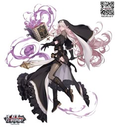 an anime character with long white hair and black clothes, holding a book in her hand