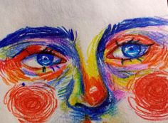 a drawing of a person's face with blue eyes and orange circles around it