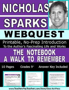 nicholas sparks's webquest the notebook a walk to remember 10 pages and answer key included