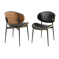 two chairs with black leather seats and wood backrests, one in the shape of an egg