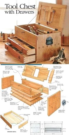 the plans for a tool chest with drawers are shown in two different views, one is open and the other is closed