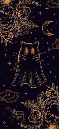 a black and gold background with an image of a cat in the sky surrounded by flowers