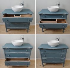 four different views of an old dresser with a bowl on top