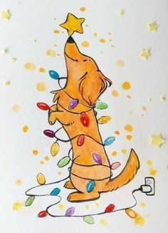 a drawing of a dog with christmas lights