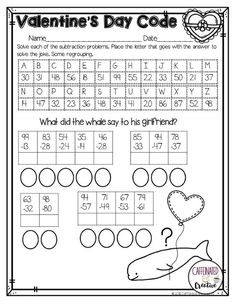 valentine's day code worksheet for students to practice counting and subming numbers