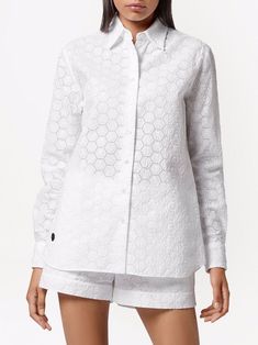 Philipp Plein long-sleeve Lace Shirt - Farfetch Luxury Long Sleeve Tops For Spring, Luxury White Long Sleeve Tops, Luxury Spring Shirt With Button Closure, Luxury White Collared Blouse, Luxury Long Sleeve Cotton Blouse, Luxury Long Sleeve Spring Blouse, Luxury Cotton Long Sleeve Blouse, Luxury Long Sleeve Blouse For Spring, Luxury Cotton Shirt For Spring