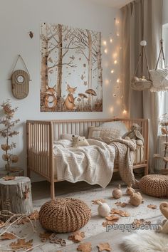 a baby's room decorated in neutral tones with woodland animals and lights on the wall