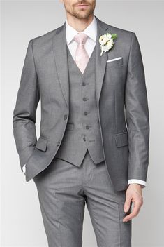 Occasions | Grey Regular Fit 3 Piece Men's Suit | Suit Direct Grey Suit Pink Tie, Grey Colour Scheme, Wedding Outfit Ideas, Suit For Men Wedding, Groom Suit Grey, Mens Suit Trousers, Grey Suit Wedding, Groomsmen Grey, Grey Suit Men