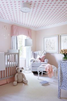 A pink-hued nursery in a Long Island, New York, home features a patterned ceiling and soft colors throughout. Bright Nursery, Fantasy Bedroom, Ceiling Wallpaper, Wallpaper Ceiling, Kids Rooms Diy, Kid Room, Boys Bedrooms