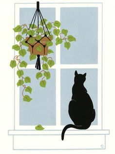 a black cat sitting on a window sill next to a potted plant and bird feeder