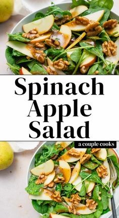 spinach apple salad with apples and walnuts on top