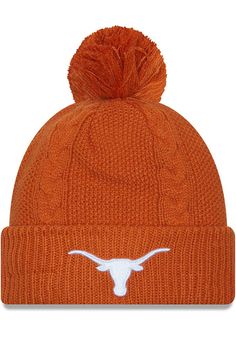 Combat the cold and represent your Longhorns at the same time with this Texas Longhorns New Era Womens Burnt Orange Cabled Cuff Pom Knit Hat! This Texas Womens Knit Hat features a front embroidered team logo, so now everyone will know how much you love your Longhorns. Hook Em Horns! New Era Cabled Cuff Pom Knit, Front embroidered cuff logo, Cabled design on crown, Pom on top, Side New Era flag, Acrylic, wipe clean with cloth or cleaning kit, 4 Casual Winter Beanie For Fan Gear, Hook Em Horns, Hat Hook, Texas Longhorns, New Era Cap, Knitting Women, Knit Hat, Burnt Orange, Team Logo