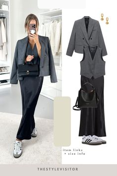 Maxi Skirt Work Outfit, Black Satin Skirt Outfit, Satin Outfit, Looks Adidas, Black Satin Skirt, Satin Skirt Outfit, Black Skirt Outfits, Skirt Inspiration, Sneaker Outfits