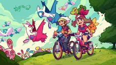 two people riding bikes in front of some cartoon animals and birds on a hill with trees