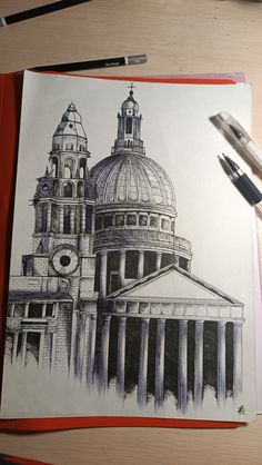 a drawing of a building with a dome on top