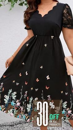 Embrace summer with this Plus Size Floral & Butterfly Print Dress. Featuring casual lace stitching, short sleeves, and a scallop trim V neck, it's perfect for any occasion. Ideal for cute plus size summer outfits and elegant plus size summer fashion. #plussizesummerfashion #curvystyle #summeroutfits #plussizeclothing Black Butterfly Print Spring Dresses, Sleeveless Spring Dress With Butterfly Print, Sleeveless Black Dress With Butterfly Print, Blue Butterfly Print Casual Dress, Black Sleeveless Dress With Butterfly Print, Butterfly Print Dress