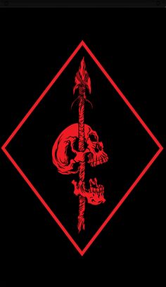 a red and black poster with a skull on it's head, in the middle of a diamond shape