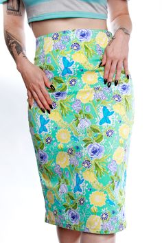 High Waisted Floral Dream Skirt Heavy Weight Stretch cotton twill floral dream print pencil skirt. Kick pleat, and stretch fused waist facing. Limited edition. Made in House to order. Model is wearing a size small. Green Fitted Printed Skirt, Fitted Green Printed Skirt, Casual Fitted Bottoms For Garden Party, Floral Print Pencil Skirt For Summer, Summer Long Stretch Pencil Skirt, Summer Stretch Long Pencil Skirt, Multicolor Floral Pencil Skirt, Multicolor Floral Print Pencil Skirt, Spring Printed Pencil Skirt