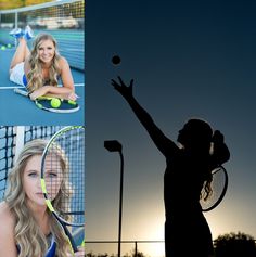 a woman holding a tennis racquet on top of a tennis court at sunset