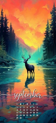 a calendar with an image of a deer standing in the middle of a river at sunset