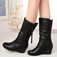 Women's Boots Slouchy Boots Plus Size Height Increasing Shoes Outdoor Work Daily Mid Calf Boots Winter Wedge Heel Round Toe Fashion Elegant Classic PU Zipper Solid Color Black