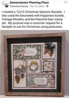 a christmas card with pine cones and other holiday cards in a wooden frame on top of a shelf