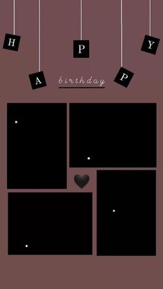 a birthday card with black squares and hearts hanging from strings