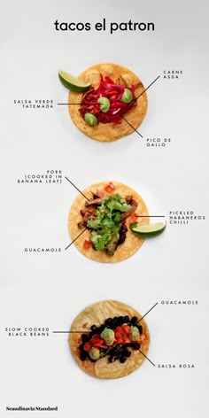 three tacos with different types of toppings on each one and labeled in spanish