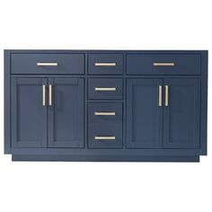 a blue cabinet with gold handles and drawers on the front, against a white background