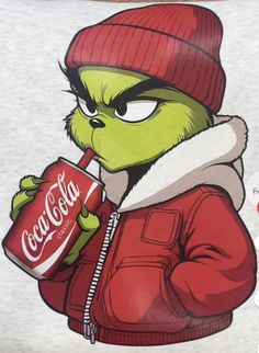 the grinch is drinking coca - cola and wearing a red jacket with a white hoodie