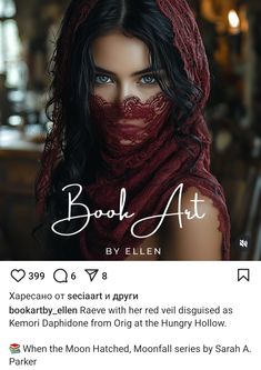 a woman with long black hair wearing a red scarf over her head and the caption book art by ellen