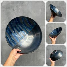 a hand holding a blue and black bowl with four different angles to it's side