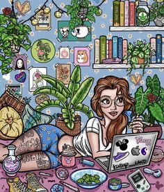 a woman sitting at a table with a laptop in front of her, surrounded by plants and books