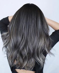 Brunette And Silver Balayage, Black Gray Balayage, Grey Balyage Short Hair, Dark Ash Gray Balayage, Silvery Ash Brown Hair, Ashy Gray Balayage, Modern Ombre Hair, Ash Gray Balayage On Dark Hair, Black Hair With Silver Balayage