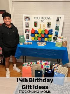 a man standing in front of a table with gifts on it and the words, birthday gift ideas for stockpiling moms