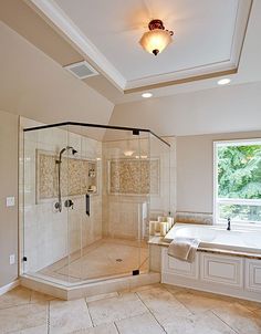 a large bathroom with a walk in shower