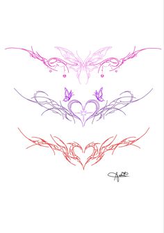 three hand drawn designs with hearts in the middle