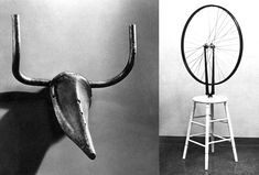 two pictures side by side, one with an animal's head and the other with a bicycle wheel mounted on it