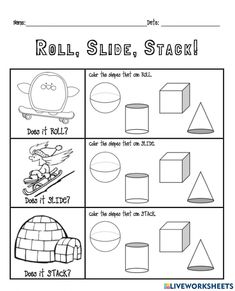 the worksheet for roll, slide and stack