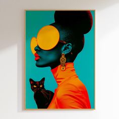 a woman with sunglasses on her head and a black cat in front of her, against a blue background