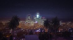 the city is lit up at night with palm trees and buildings in the foreground