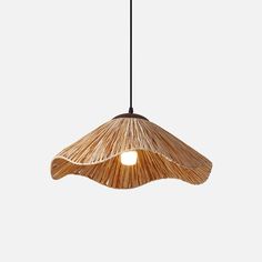 a light that is hanging from the ceiling with a wooden structure on it's side