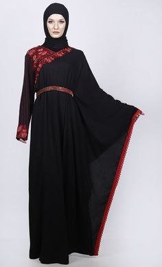 Black Semi Kaftan Embroidered Abaya With Graceful Lace On Border Traditional Black Long Sleeve Khimar, Traditional Black Dabka Khimar, Black Long Sleeve Abaya With Floral Embroidery, Festive Black Dabka Kaftan, Black Abaya With Dabka Work For Eid, Black Kaftan With Dabka Work For Eid, Traditional Kaftan With Embroidered Sleeves For Eid, Eid Black Kaftan With Dabka Work, Black Long Abaya With Resham Embroidery