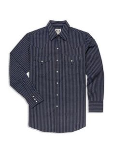 Look good while feeling good in this long-sleeve western snap printed shirt! 100% Printed Cotton Pearlized Snaps Authentic Front and Back Western Yokes Two Front Flap Pockets with Snaps Pocket Pencil Slot Mens Work Shirts, Mens Workwear, Tractor Supply, Feeling Good, Geo Print, Western Shirt, Ely, Work Shirts, Western Shirts